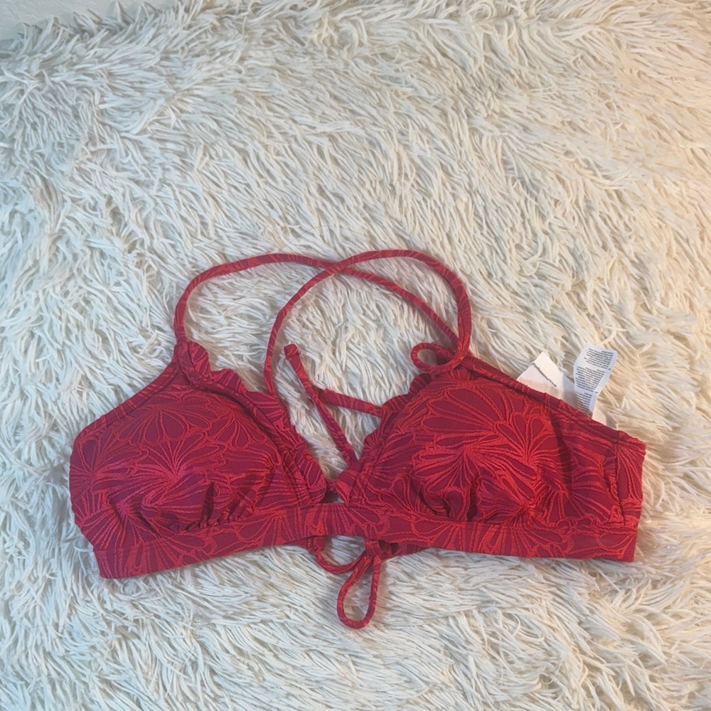 Athleta Red Floral Jacquard‎ Lace Up Back Bikini Swim Top Size M